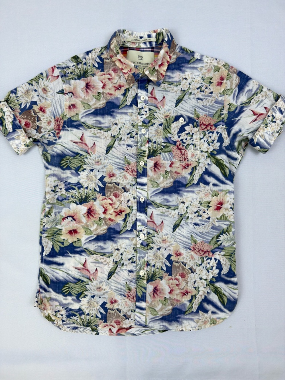 Scotch & Soda Blue Floral Short-Sleeve Button-Down Shirt Size M